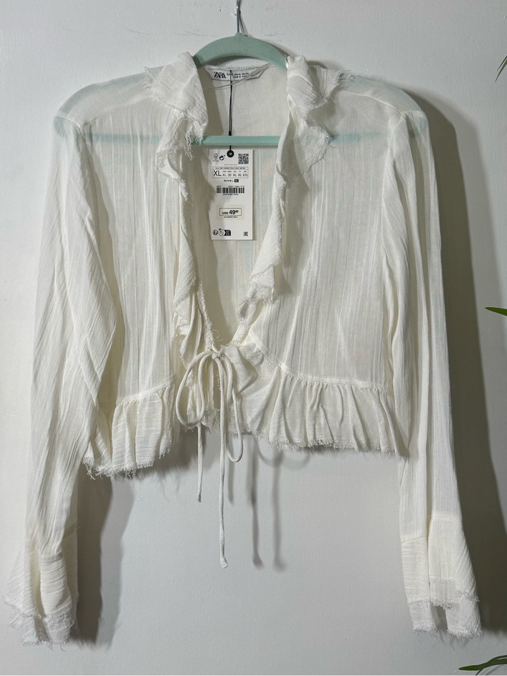 ZARA Cream Ruffle Tie-Front Sheer Blouse